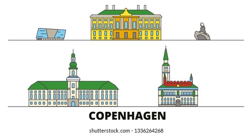 Denmark, Copenhagen flat landmarks vector illustration. Denmark, Copenhagen line city with famous travel sights, skyline, design. 