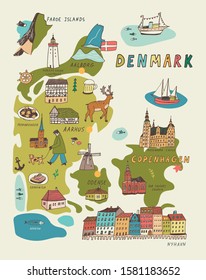 Denmark Copenhagen hand drawn doodle vector illustrations set map