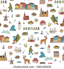 Denmark Copenhagen hand drawn doodle vector illustrations seamless pattern