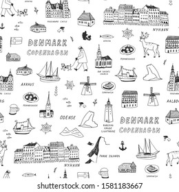 Denmark Copenhagen hand drawn doodle vector line illustrations seamless pattern