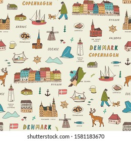 Denmark Copenhagen hand drawn doodle vector illustrations seamless pattern