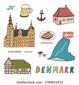 Denmark Copenhagen hand drawn doodle vector illustrations set