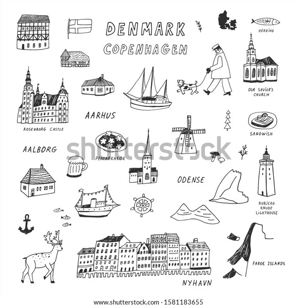 Denmark Copenhagen Hand Drawn Doodle Vector Stock Vector Royalty Free 1581183655 2235