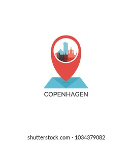 Denmark Copenhagen map pin point geolocation modern skyline pointer shape vector logo icon illustration