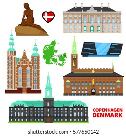 Denmark Copenhagen Travel Set with Architecture and Flag. Vector illustration