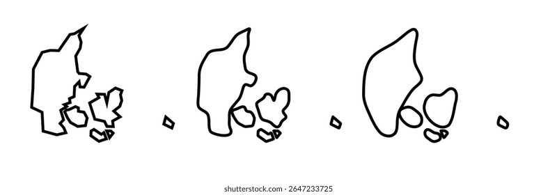 As silhuetas de contorno preto do país da Dinamarca em três níveis diferentes de suavidade. Mapas simplificados. Ícones de vetor isolados no plano de fundo branco.