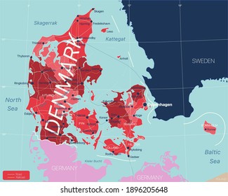 Dänemark Land detaillierte bearbeitbare Karte mit Regionen Städte, Straßen und Eisenbahnen, geografische Standorte. EPS-10 Datei, Vektorgrafik