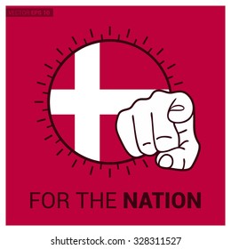 Denmark country flag in Circle and pointing finger at viewer typography Ready for the Nation. Vector Illustration