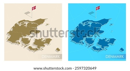 Denmark country flag installed on geographic positioning map point of country territory. Danish commonwealth banner on land and sea. Festive patriotic HD format template for independence day