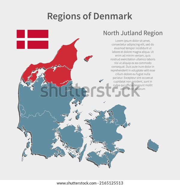 Denmark country - high detailed illustration\
map divided on regions. Blank Denmark map isolated on white\
background. Vector template region North Jutland for website,\
pattern, infographic,\
education