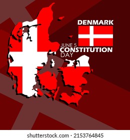 Denmark country map with flag on dark red background and bold texts, Constitution Day June 5 Denmark 