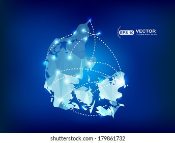 Denmark country map polygonal with spot lights places