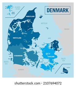 Denmark country political map. Detailed vector illustration with isolated provinces, departments, regions, counties, cities, islands and states easy to ungroup.