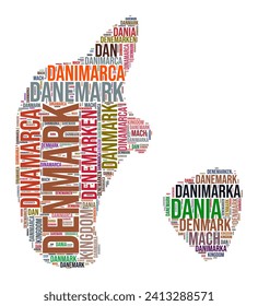 Denmark country shape word cloud. Typography style country illustration. Denmark image in text cloud style. Vector illustration.