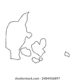 Denmark country simplified map.Thin triple pencil sketch outline isolated on white background. Simple vector icon