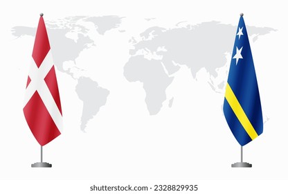 Denmark and Curacao flags for official meeting against background of world map.