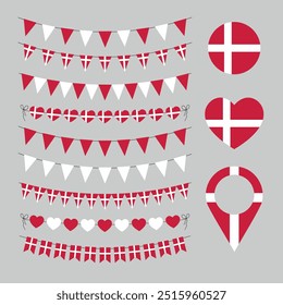 Denmark decorative symbols, set of vector design elements, Danish flag, love Denmark