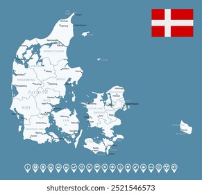 Denmark - detailed blue country map with cities and regions. Infographic icons. Vector illustration