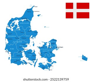 Denmark - detailed blue country map with cities and regions. Vector illustration.