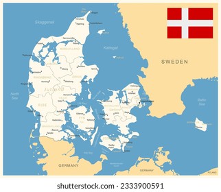 Denmark - detailed map with administrative divisions and country flag. Vector illustration