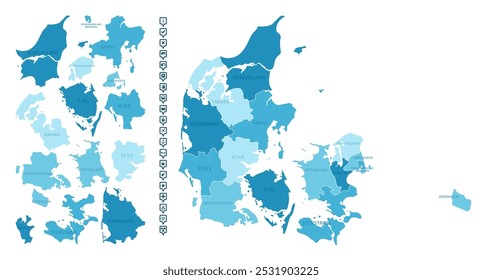 Denmark - detailed map of the country in blue colors, divided into regions. Infographic icons. Vector illustration.