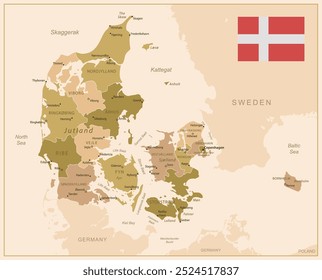 Denmark - detailed map of the country in brown colors, divided into regions. Vector illustration