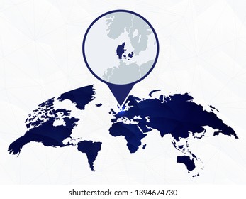 Denmark detailed map highlighted on blue rounded World Map. Map of Denmark in circle.
