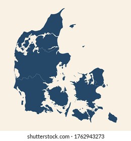 Denmark detailed map with its provinces. Cyan blue, cream white background.