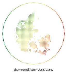 Insignia digital de Dinamarca. Mapa de estilo punteado de Dinamarca en círculo. Icono tecnológico del país con puntos degradados. Ilustración vectorial atractiva.