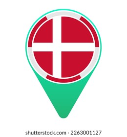 Denmark (DK) National Flag Circular Round Target Pin Green Map Pointer Location Mark Logo Icon Isolated on White Background