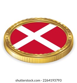 Denmark (DK) National Flag Round Icon 2.5D Isometric Projection View Gold Coin Isolated on White Background