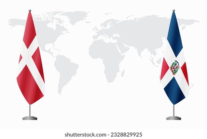 Denmark and Dominican flags for official meeting against background of world map.