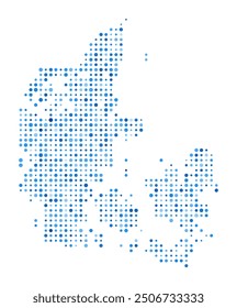 Dänemark Dot Map. Digitale Landschaftsform. Dänemark, Vektorbild. Land Form blau kreisförmige Punkte. Lebendige Vektorgrafik.