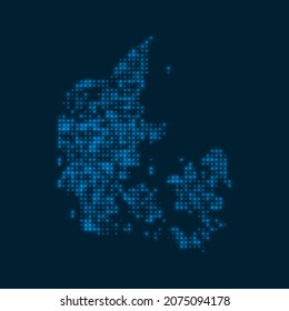 Denmark dotted glowing map. Shape of the country with blue bright bulbs. Vector illustration.