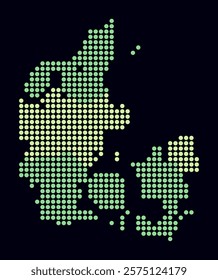 Denmark dotted map. Digital style map of the country on dark background. Denmark shape with circle dots. Colored dots style. Large size circles. Classy vector illustration.