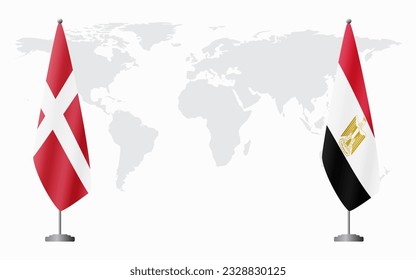 Denmark and Egypt flags for official meeting against background of world map.