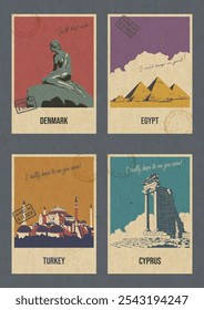 Denmark, Egypt, Turkey, Cyprus Main Attractions, Amphitheater Ruins, Little Mermaid Statue, Giza Pyramids, Istambul Template Illustration, Vector Template Retro Style Postcards. Aged Paper Texture