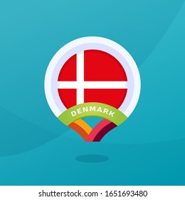 Denmark euro 2020 vector flag map location pin. European football 2020 tournament final stage. Official championship colors and style.