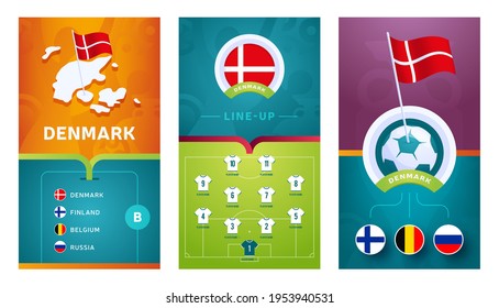 denmark European 2020 football vertical banner set for social media. euro 2020 Denmark group B banner with isometric map, pin flag, match schedule and line-up on soccer field