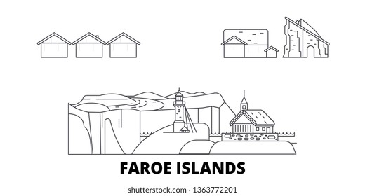 Denmark, Faroe Islands line travel skyline set. Denmark, Faroe Islands outline city vector illustration, symbol, travel sights, landmarks.