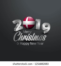 Denmark Flag 2019 Merry Christmas Typography. New Year Abstract Celebration background