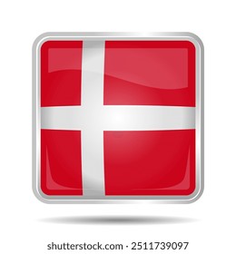 Denmark Flag 3D Glossy Vector Illustration, Rectangular or Square Shape, Scalable EPS File. Square Denmark flag button with elegant silver frame, premium and shiny.