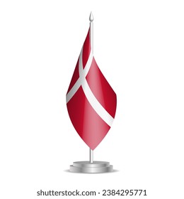 Denmark flag - 3D mini flag hanging on desktop flagpole. Usable for summit or conference presentaiton. Vector illustration with shading.
