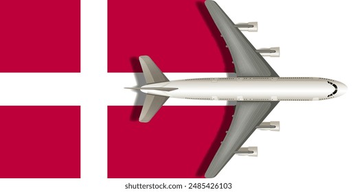 Bandera de Dinamarca con un avión volando sobre ella de cerca. Vector Imagen.