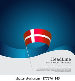 Denmark flag background. Danish national poster. Denmark flag with wavy ribbon on a blue white background. Vector design state patriotic banner, cover, business flyer