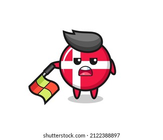 denmark flag badge character as line judge hold the flag down at a 45 degree angle , cute style design for t shirt, sticker, logo element