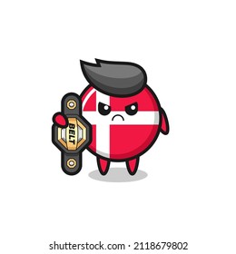 denmark flag badge mascot character as a MMA fighter with the champion belt , cute style design for t shirt, sticker, logo element