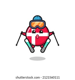denmark flag badge mascot character as a ski player , cute style design for t shirt, sticker, logo element