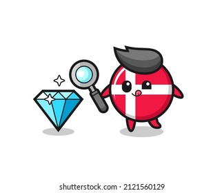 la mascota de insignia de la bandera de dinamarca está comprobando la autenticidad de un diamante , diseño de estilo lindo para camiseta, pegatina, elemento logo