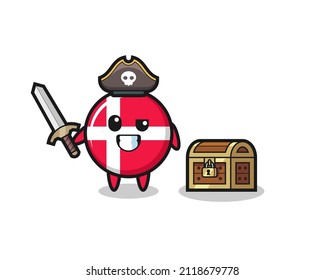 the denmark flag badge pirate character holding sword beside a treasure box , cute style design for t shirt, sticker, logo element